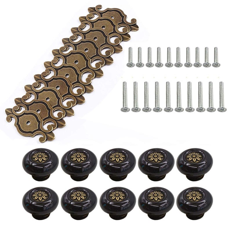 HUAMULAN 10 Pack Retro Ceramic Knobs,Vintage Dresser Kitchen Petal Cabinet Pulls Zinc Alloy Base Back Plate Cupboard Wardrobe Drawer Door Handles,Bronze+White - Image 3